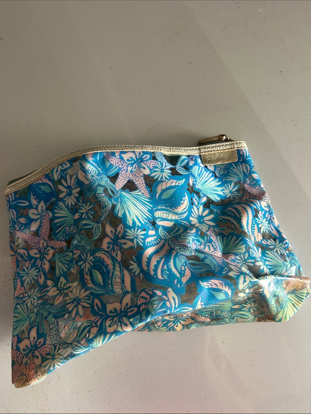 Lilly Pulitzer Teal Blue & Pink Tropical Print Cosmetic Pouch